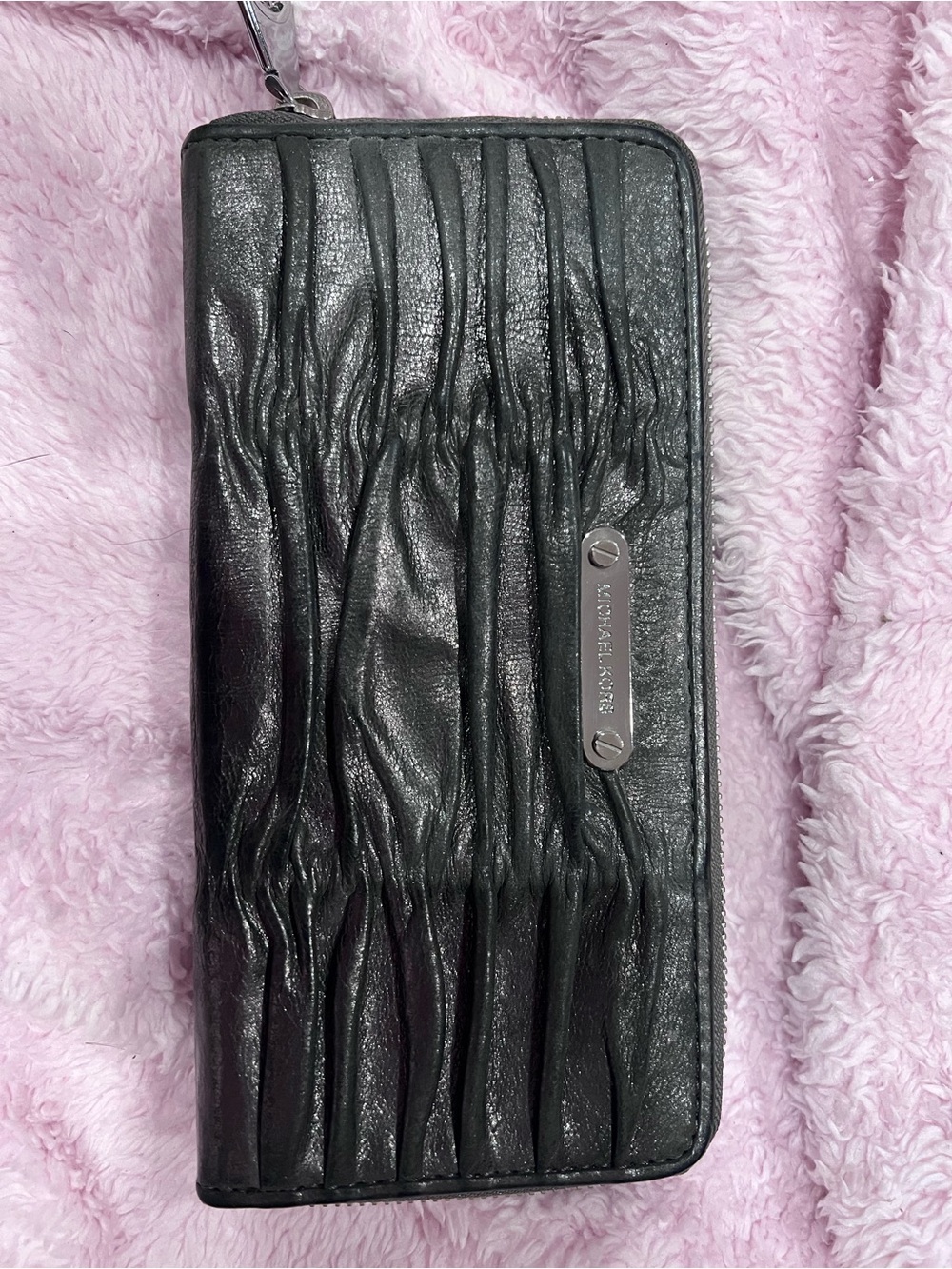 Michael Kors Metallic Grey Ruched Zip-Around Wallet with Logo Plaque